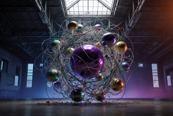 A vibrant abstract installation of metallic spheres and wires in an industrial warehouse setting.