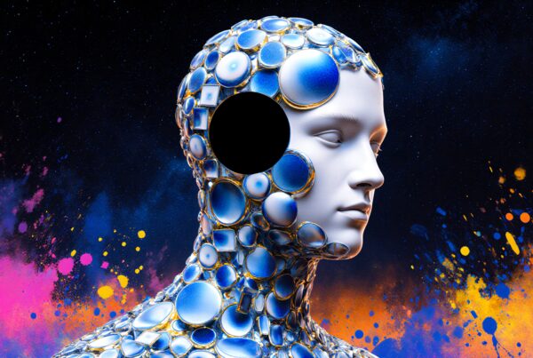 Futuristic humanoid with metallic mosaic against cosmic nebula background.