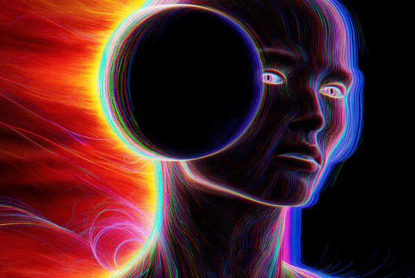 A neon-lined abstract face with cosmic eclipse themes.