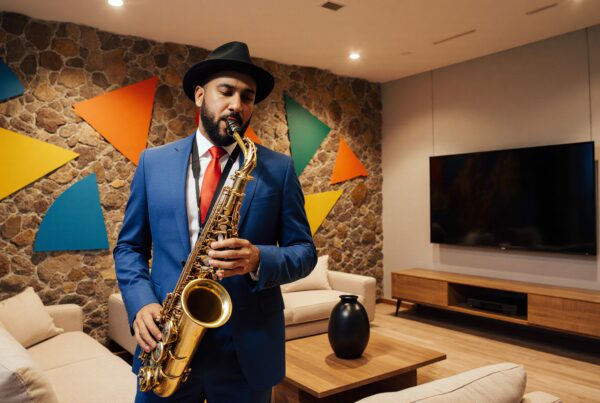 A man in a blue suit plays a saxophone in a modern living room with colorful geometric decorations on the wall.
