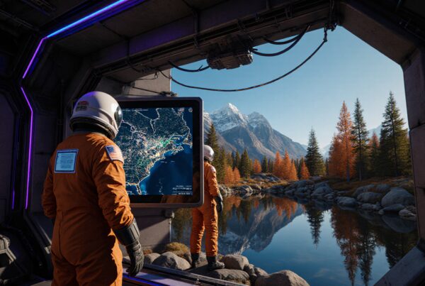 Astronauts in orange suits overlook mountains through a futuristic window.