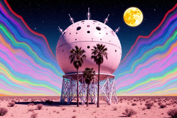 A futuristic spherical structure in a colorful desert.
