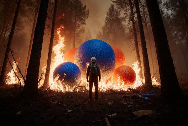 A lone explorer stands in a burning forest, facing giant blue and red spheres amidst the flames.