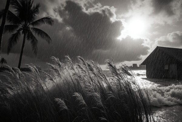 Black and white stormy coastal scene with house.