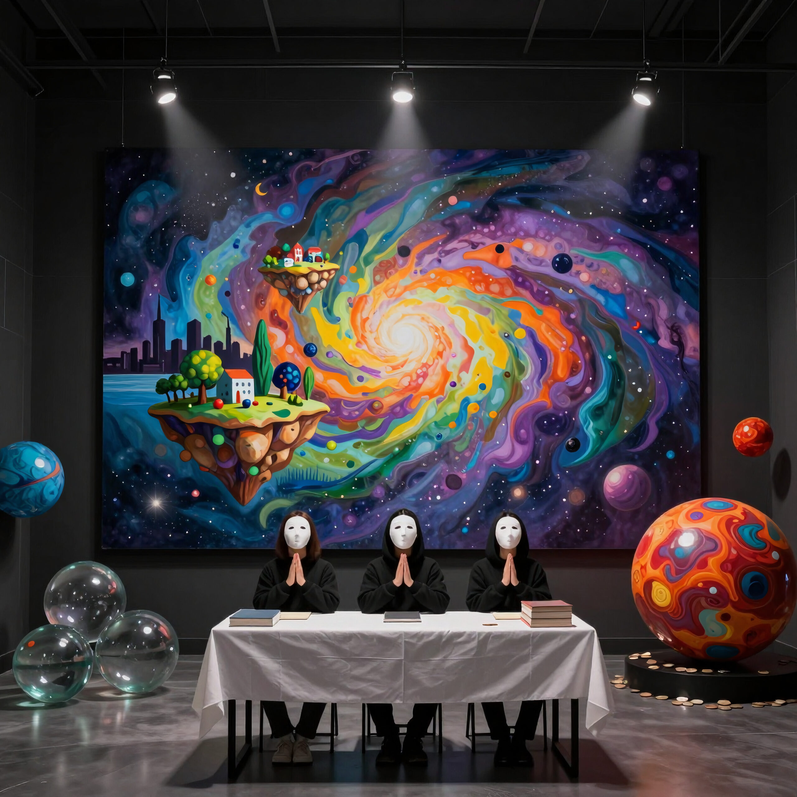 Three Masked Individuals Meditating