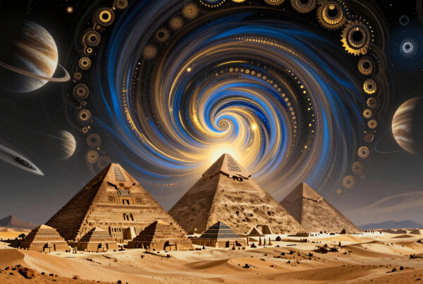 Ancient Egyptian pyramids beneath cosmic whirlwind galaxy scene