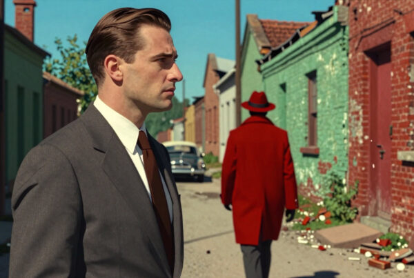 Man in grey suit watches mysterious red-coated figure walk down urban alley