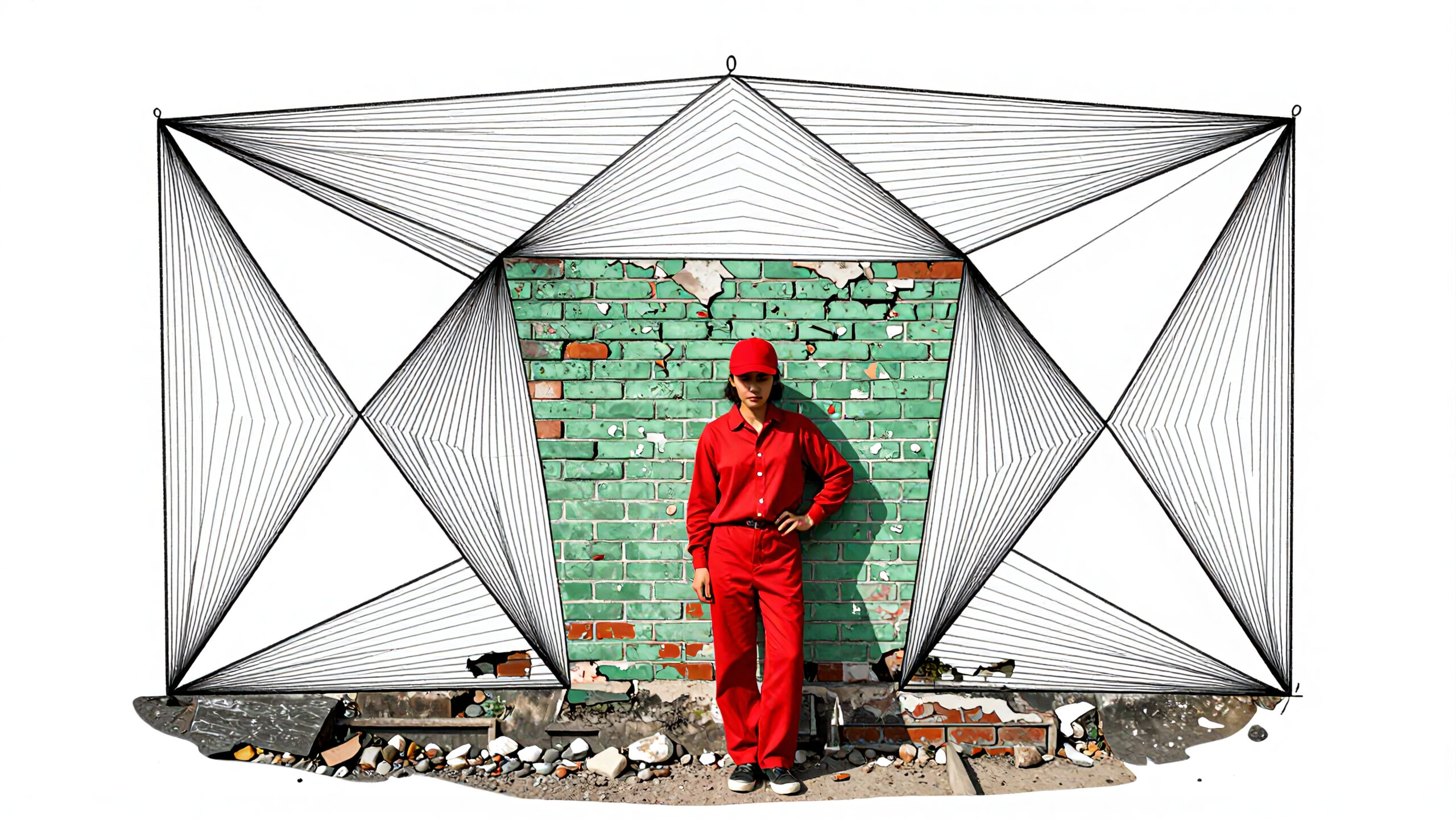 Red Figure Against Geometric Wall