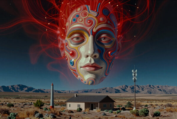 Surreal cosmic face hovering over isolated desert house with rocket and antenna poles