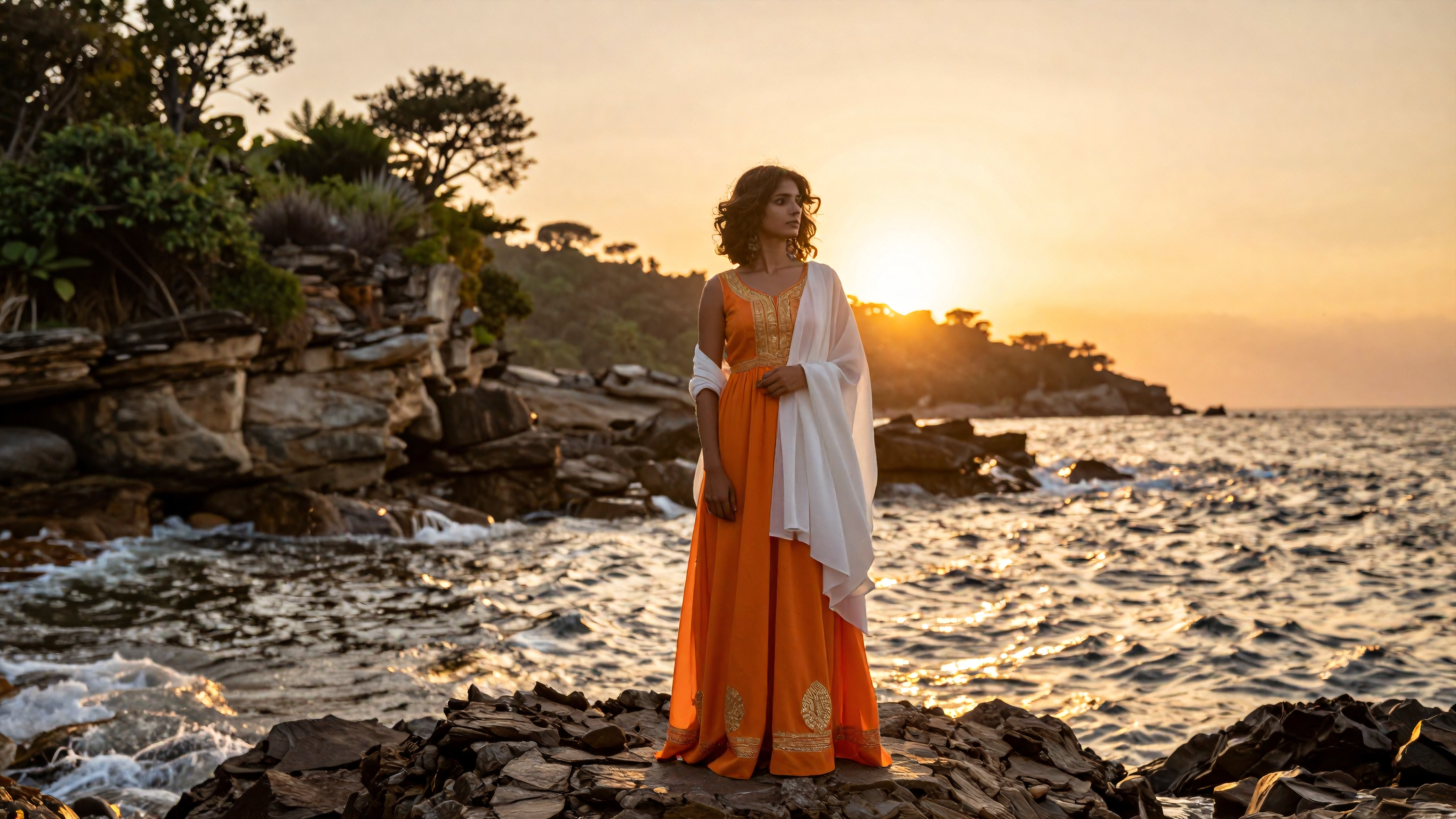 Elegant Woman in Orange Dress at Sunset Beach
