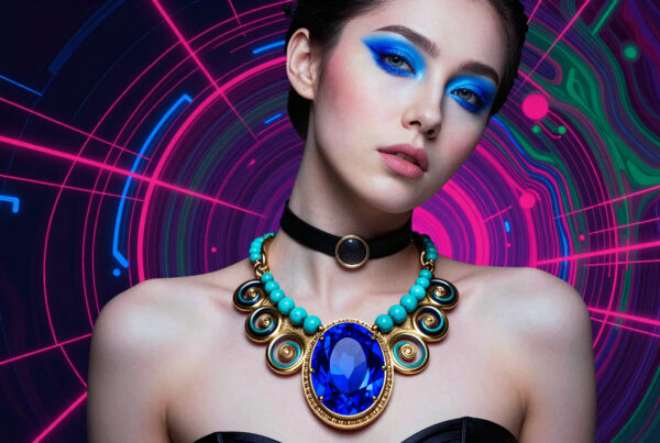 Futuristic fashion model wearing neon blue eye makeup and elaborate jewelery against psychedelic digital background