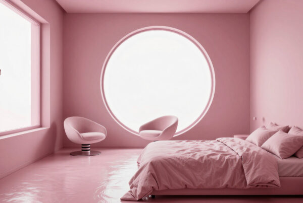 Minimalist pink bedroom with circular window and floating chairs for ultimate relaxation