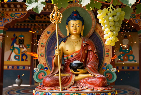 Golden Buddha statue surrounded by grapevine branches under sunlight with sparks flying around it inside a colorful temple setting