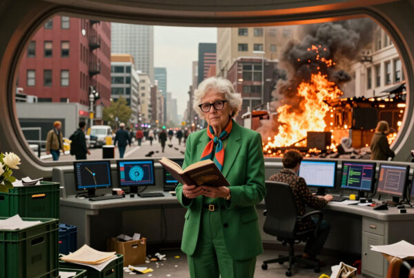 Elderly woman reads book calmly inside command center watching fiery urban disaster outside
