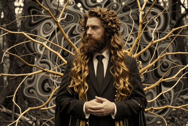 Man with long curls standing amidst mystical forest branches wearing formal suit posing dramatically in surreal artwork