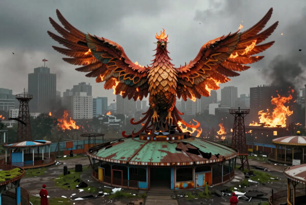 Mythical phoenix rising amid burning ruins of abandoned carnival and city skyline