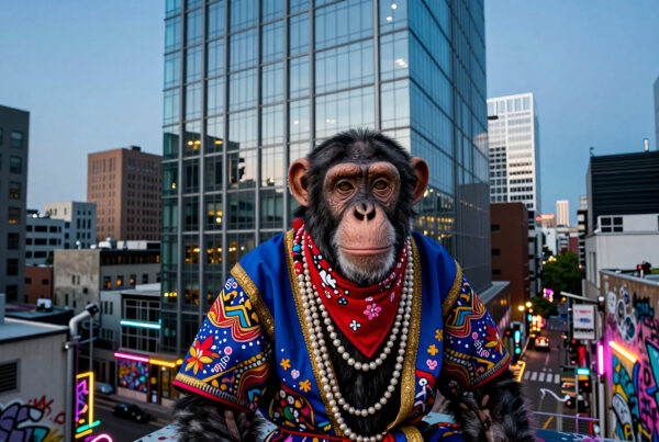 Chimpanzee wearing ornate clothing perched on city rooftop surrounded by tall buildings and glowing neon lights