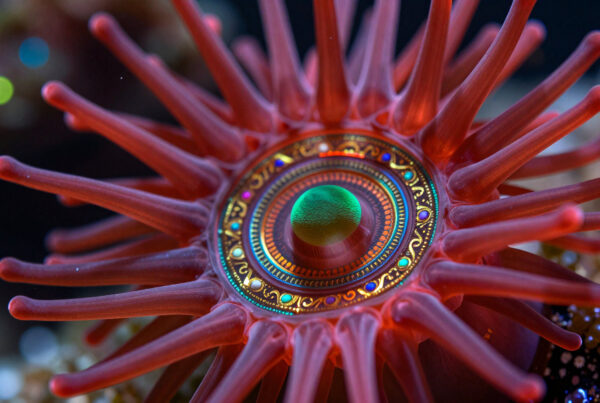 Vibrant cosmic sea anemone with glowing golden eyes and neon tentacles in enchanted underwater realm