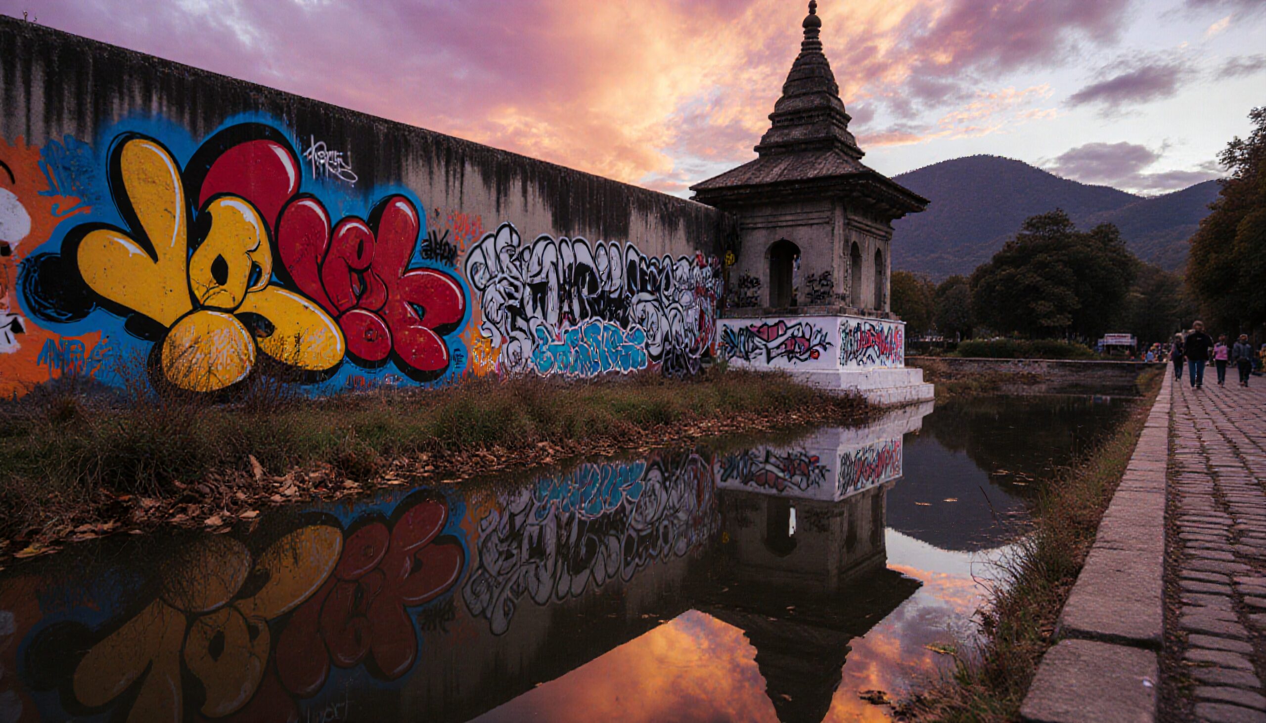Urban Sunset Graffiti and Reflections