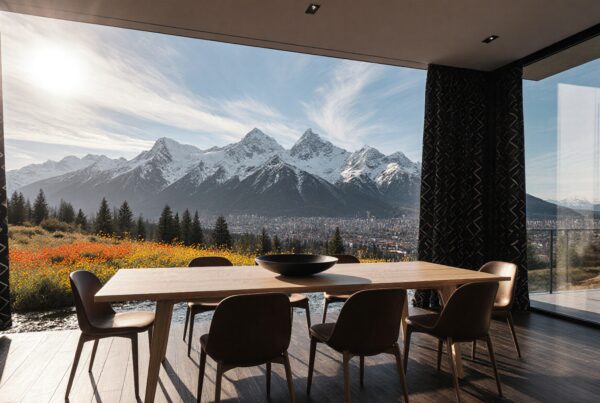 Modern dining room with panoramic mountain view and natural light.