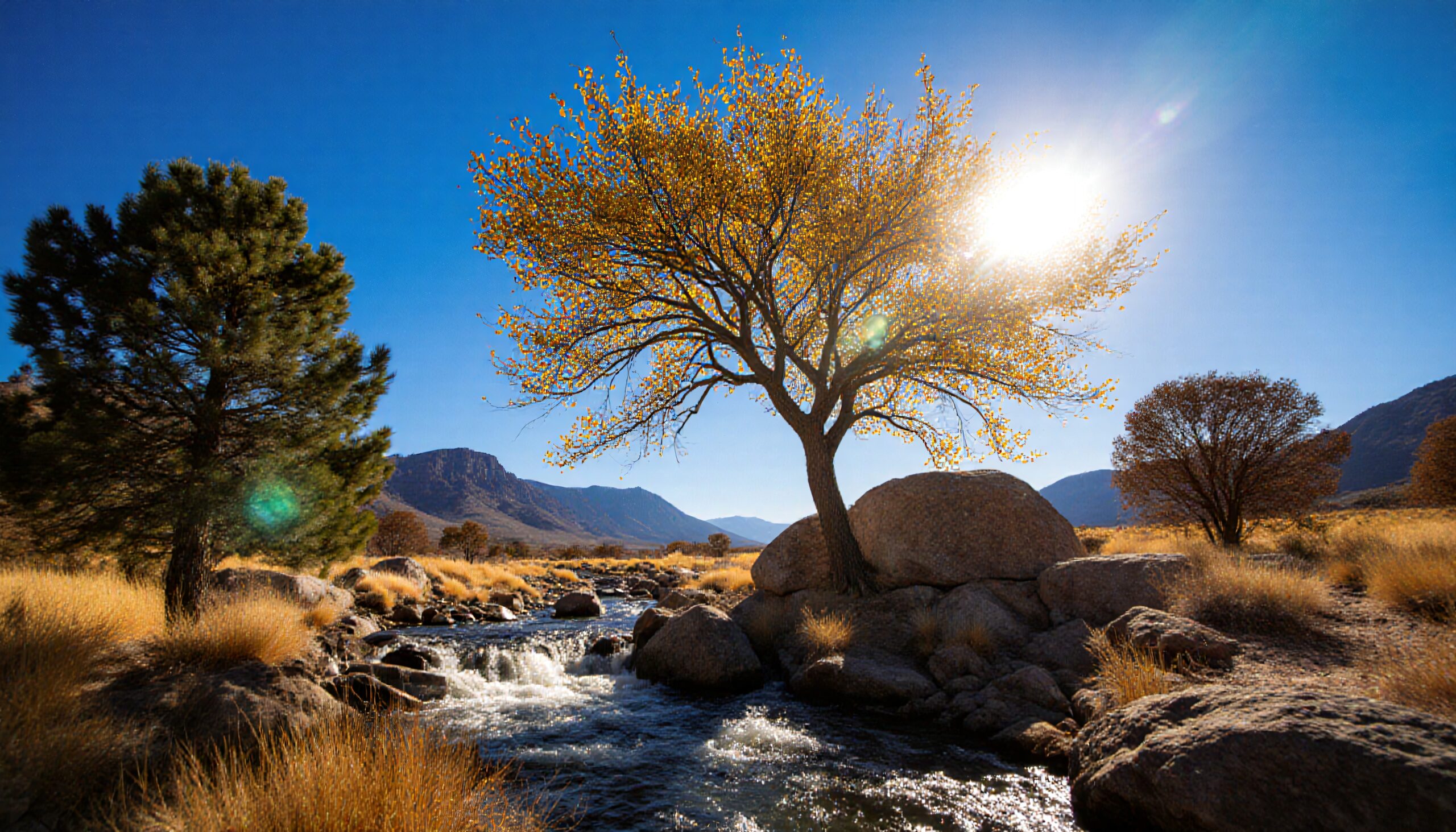 Sunlit Tree by Flowing Stream
