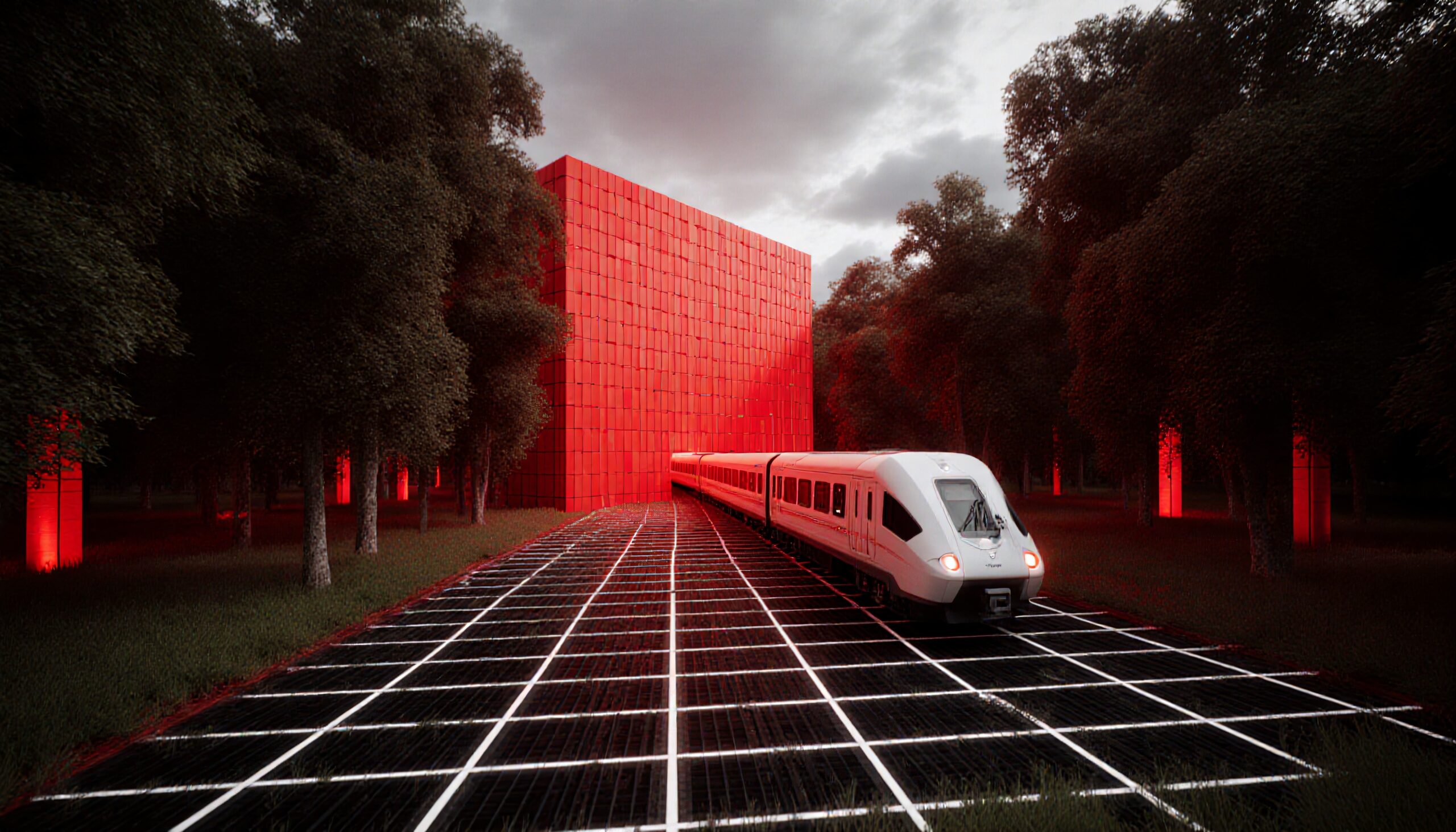 Train Enters Digital Red Forest