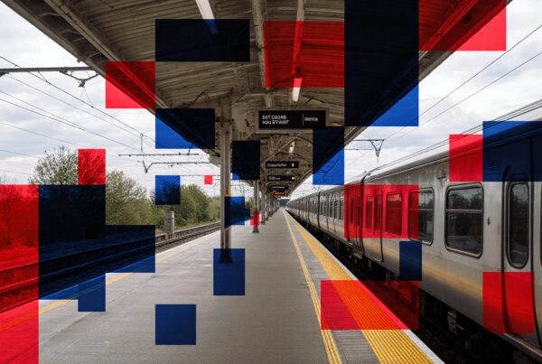 Train station with geometric red and blue overlay, featuring an empty platform and a stationary train.