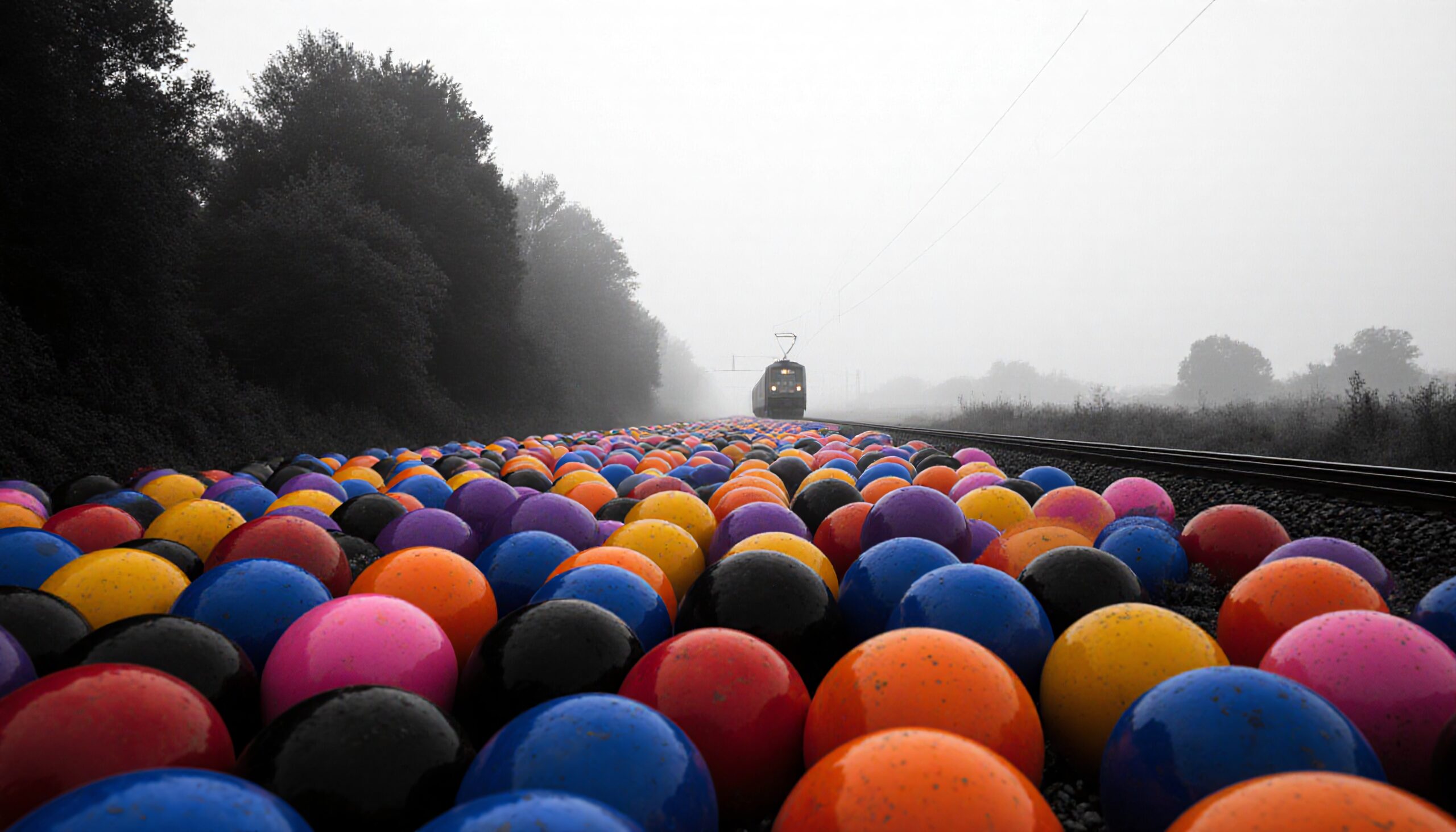 Colorful Spheres on Railway Tracks