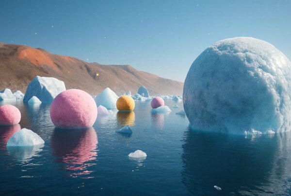 Surreal scene of colorful spheres floating among icebergs on tranquil waters under a clear sky.