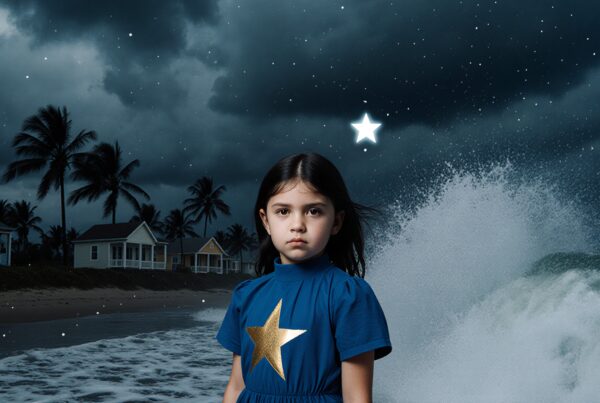 A young girl wears a blue dress with a star, standing by the ocean under a starry sky with crashing waves and palm trees.
