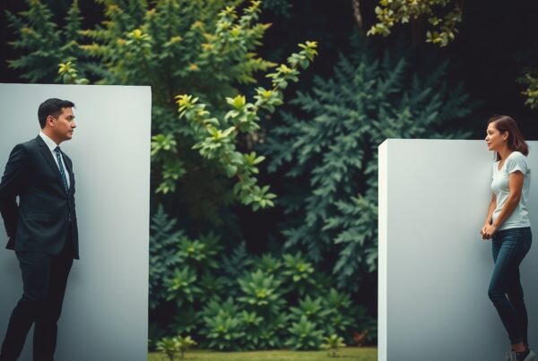 A man in a suit and a woman in casual attire face each other, separated by panels, with a green forest background.