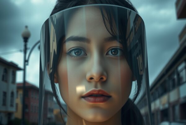 A young woman with a futuristic visor in a city setting.