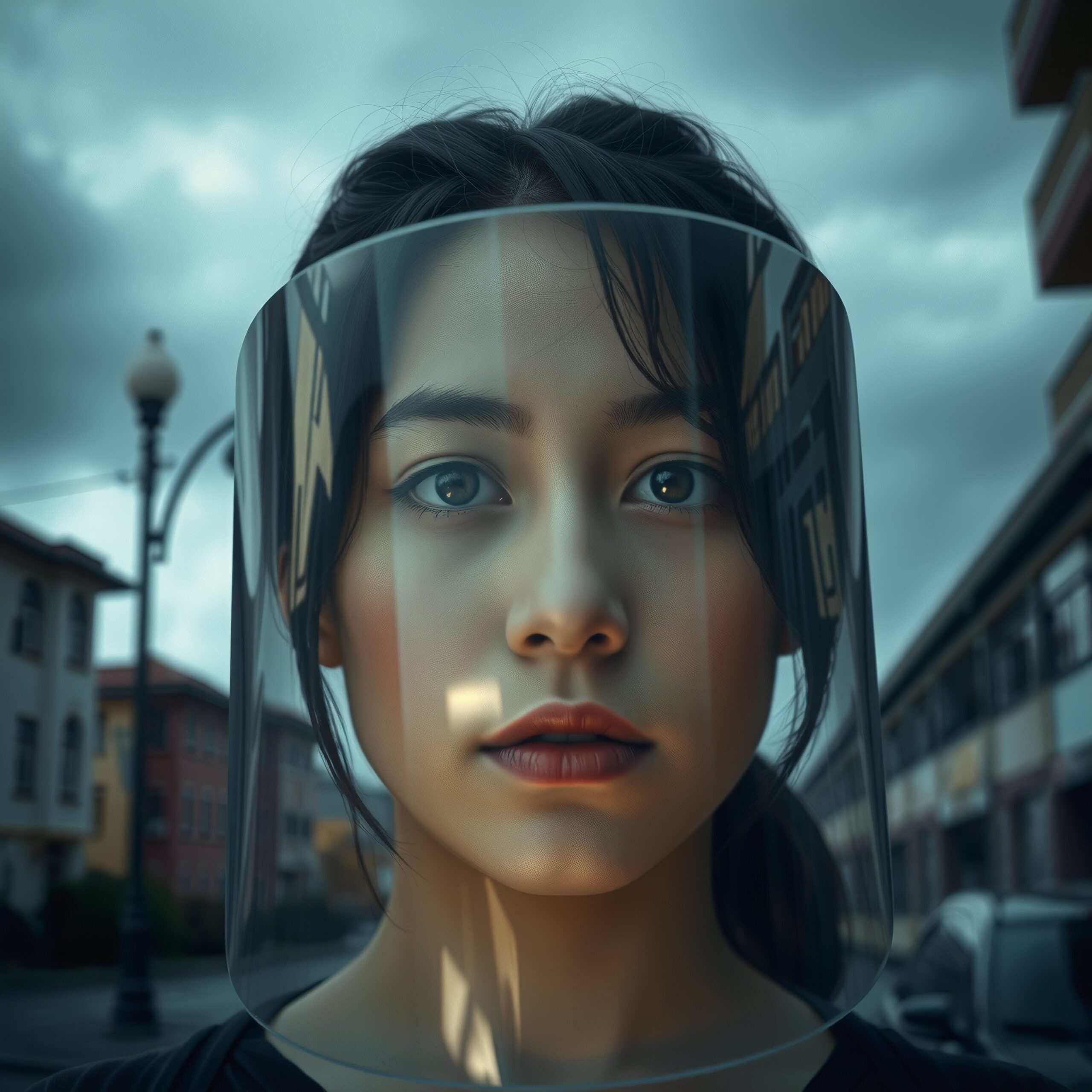 Woman with face shield in cityscape