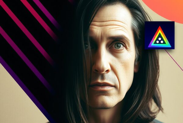 A man with long hair, set against vibrant geometric patterns and a colorful triangle symbol, conveying a blend of realism and abstraction.