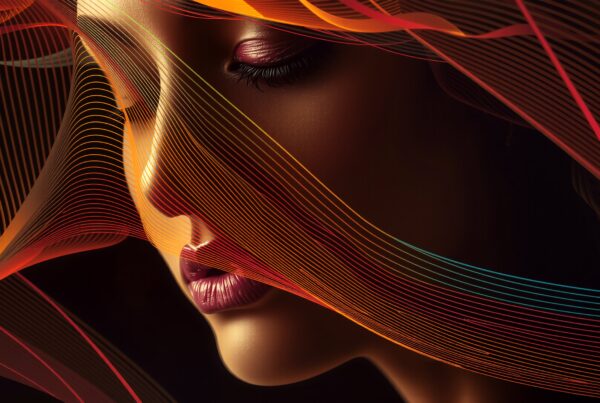 A surreal digital portrait with colorful lines elegantly veiling a woman's face.