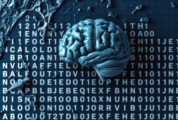 A human brain with binary code background, suggesting a fusion of technology and neuroscience.