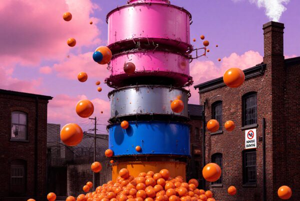 A tall stack of colorful barrels in a brick industrial courtyard with floating orange balls and a vibrant purple sky.