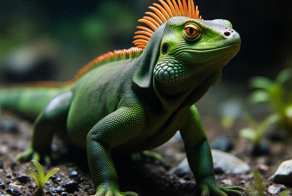 A green iguana with orange spines blends beautifully with its rocky, natural habitat, surrounded by small plants.