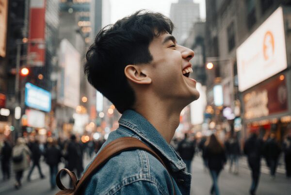 A joyful person in a bustling city street, surrounded by lights and tall buildings, exuding happiness and vibrancy.