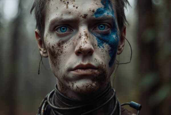 Person in forest with painted face and blue eyes.