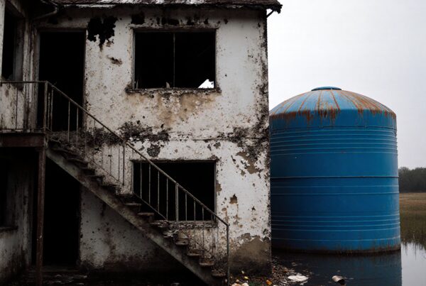 An abandoned building with peeling paint and a large blue water tank, surrounded by floodwater and debris, under a cloudy sky.