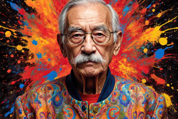 Elderly man with colorful backdrop, vibrant jacket, and painted explosion.