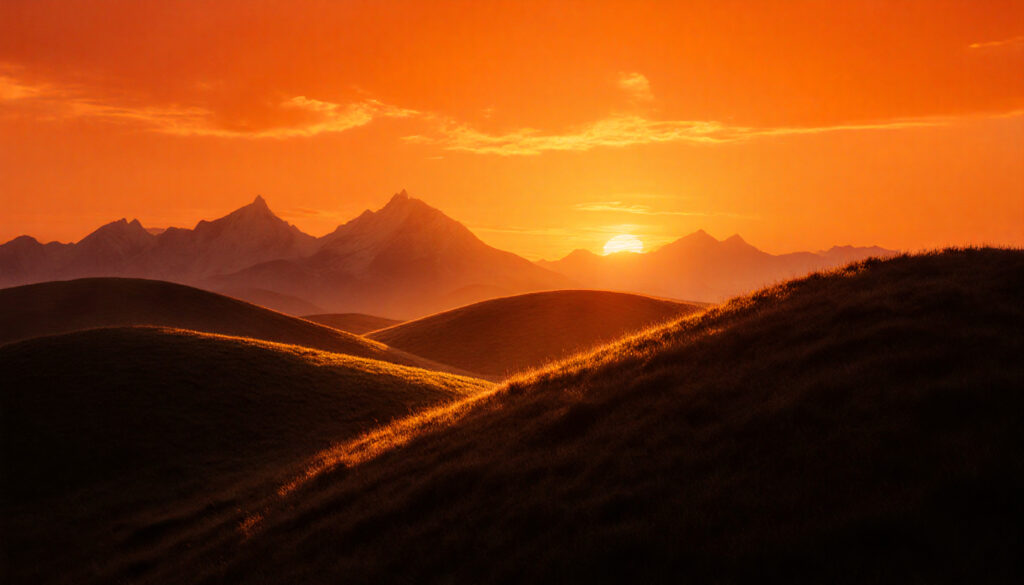 Sunset Over Mountain Peaks and Golden Hills