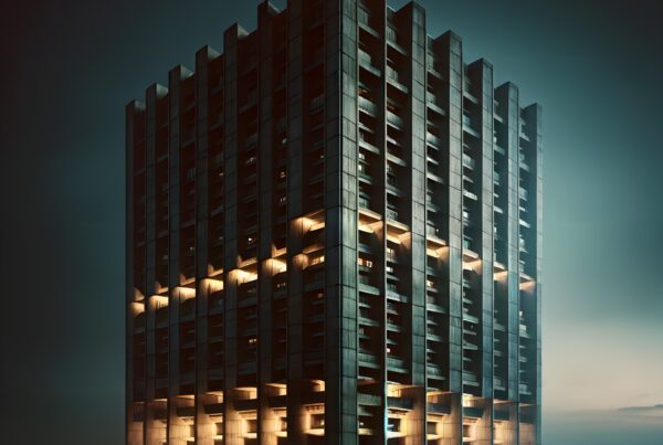 Tall modern building at dusk with warm lights illuminating its windows, set against a serene, darkening sky.
