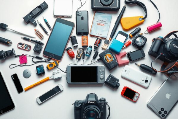 An array of electronic gadgets and accessories spread on a table, showcasing smartphones, cameras, and tech accessories.