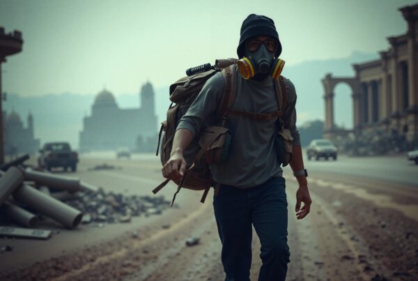 Man in gas mask walking through abandoned urban street with backpack under hazy sky.