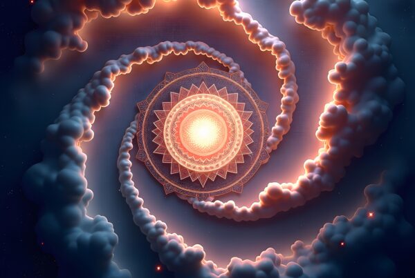 An abstract cosmic spiral with a glowing central mandala surrounded by starry clouds.