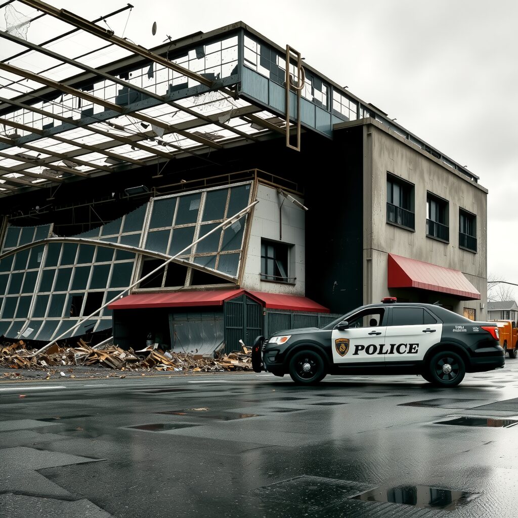 Police car parked in front of a damaged, modern commercial build