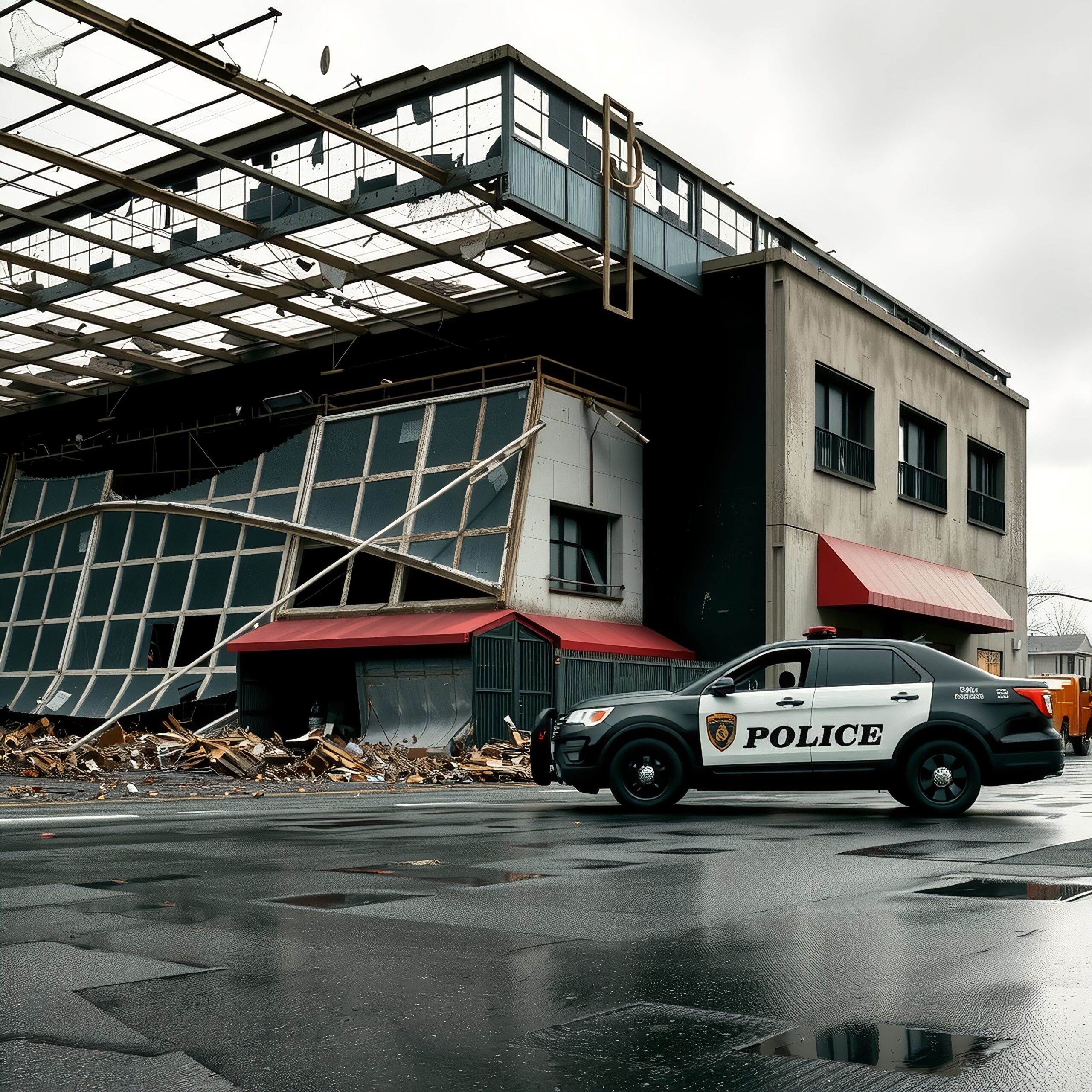 Police car by a damaged commercial building