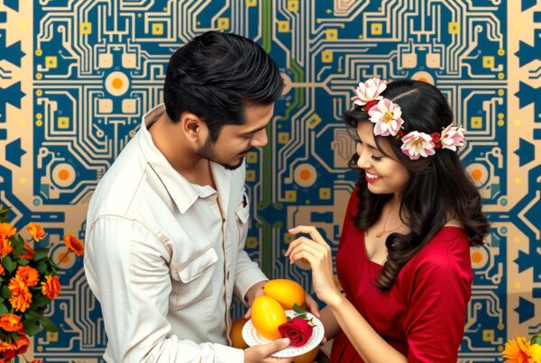 Romantic couple holding fruit platter against circuit board wall artwork